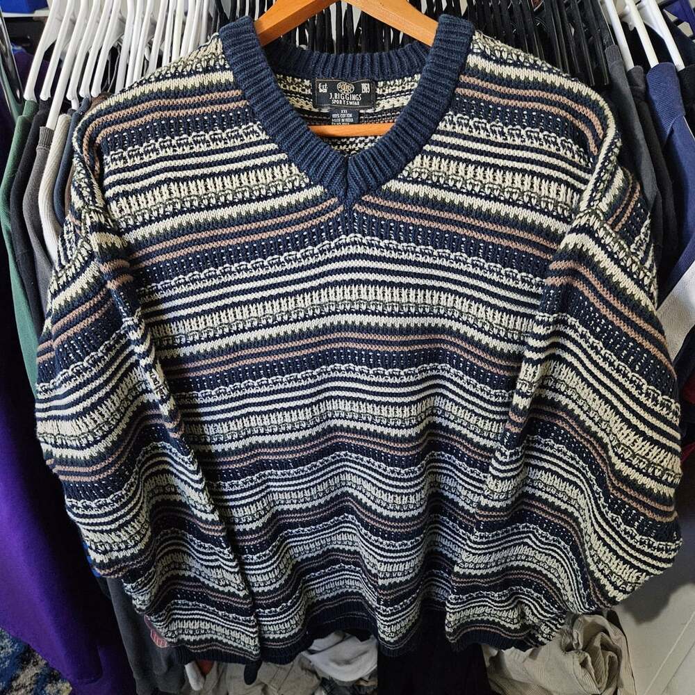 J. Riggings V-Neck Sweater Size XXL Multi Striped Cotton